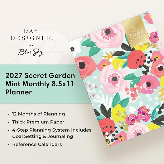 Blue Sky Day Designer 2027 Monthly Planner Calendar, January 2027 - December 2027, 8.5" x 11", Clear Flexible Cover, Stapled Binding, Secret Garden Mint