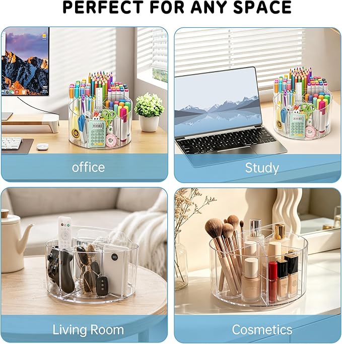 SUPEASY Acrylic Rotating Pencil Holder, 360° Clear Pen & Marker Organizer with 6 Compartments and Carry Handle, Crayon Art Supply Organizer for Desk, Home, Office, Classroom