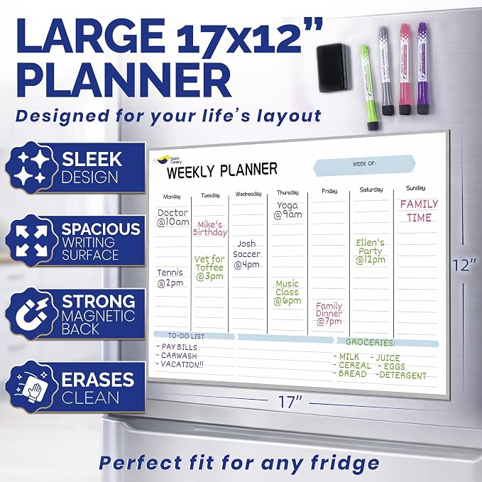 Magnetic Weekly Planner for Fridge - 17x12” Stain-Resistant Dry Erase Whiteboard Fridge Calendar with Large Writing Space for Schedules, Chores & Meals - Includes 4 Markers & Eraser