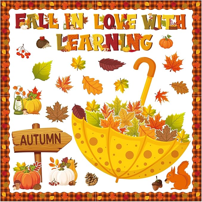 Qilery Fall in Love with Learning Bulletin Board Set Autumn Maple Leaves Pumpkin Cutouts Fall Theme Classroom Decorations for Thanksgiving School Home Chalkboard Wall Decor Supplies