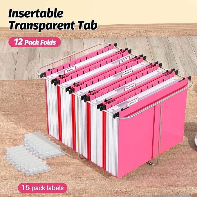 Shutex Extra Capacity Plastic Hanging File Folders,12 Pack Reinforced Hang Folders,Heavy Duty 2 Inch Expansion,Plastic Filing Cabinet Folders,Letter Size,Designed for Bulk Files, Medical Charts,Pink