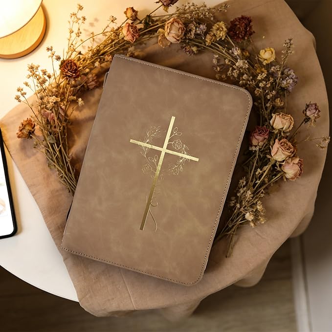 Bible Cover Case for Women, Bible Bag with Phone Pocket, PU Leather Large Carrying Book case with Minimalist Debossed Design – Christian Bible Accessories for Girls & Women (Brown)