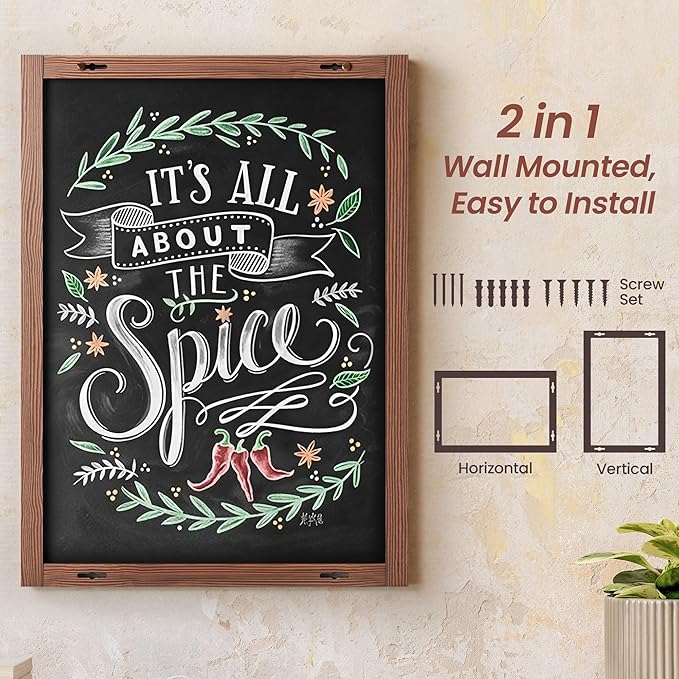 2-in-1 Double-Sided Magnetic Chalkboard 24"x16", Chalk Calendar Board & Large Blackboard for Kitchen & Home Decor, Schedule, Menu, Back-to-School Gift - Hanging Chalk Board with 2 Liquid Pens, Brown