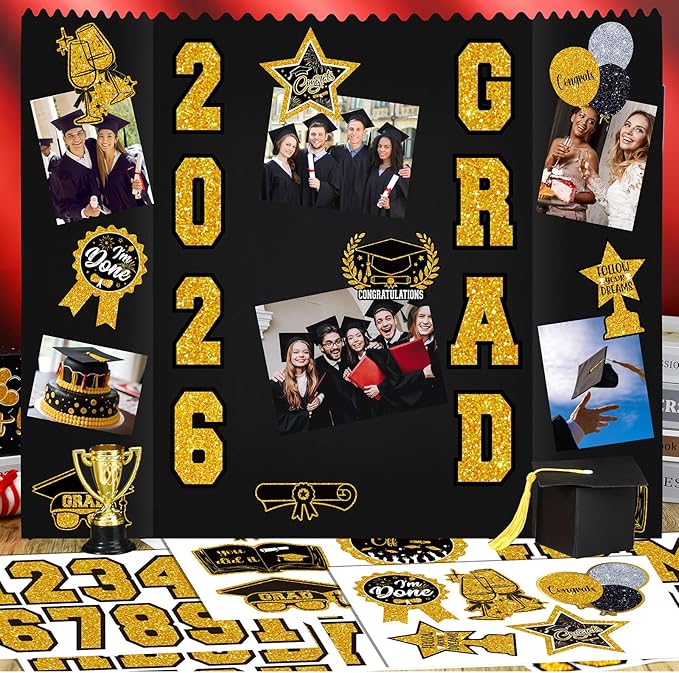 AmazingSpark 2 Sets Graduation Photo Display Board Trifold Poster Board with 12 Graduation Themed Stickers for 2026 Grad Party Decoration Picture Collage Frame Supplies (40 x 28,Black Gold)