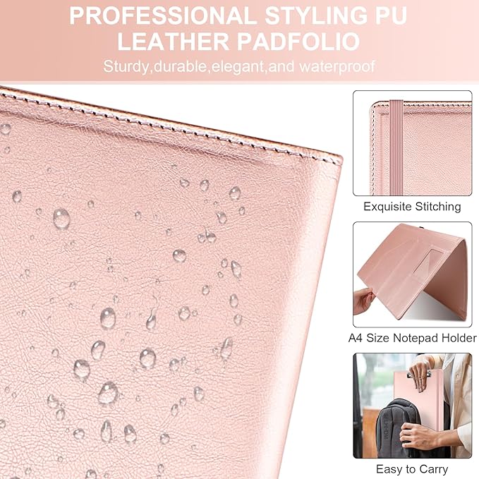 Clipboard Padfolio with Storage Pocket, Clipboard Folder Portfolio Organizer, 360 Degree Foldable Clipboards with Refillable Notepad,Faux Leather Padfolio Organizer for Office School Supplies-Pink