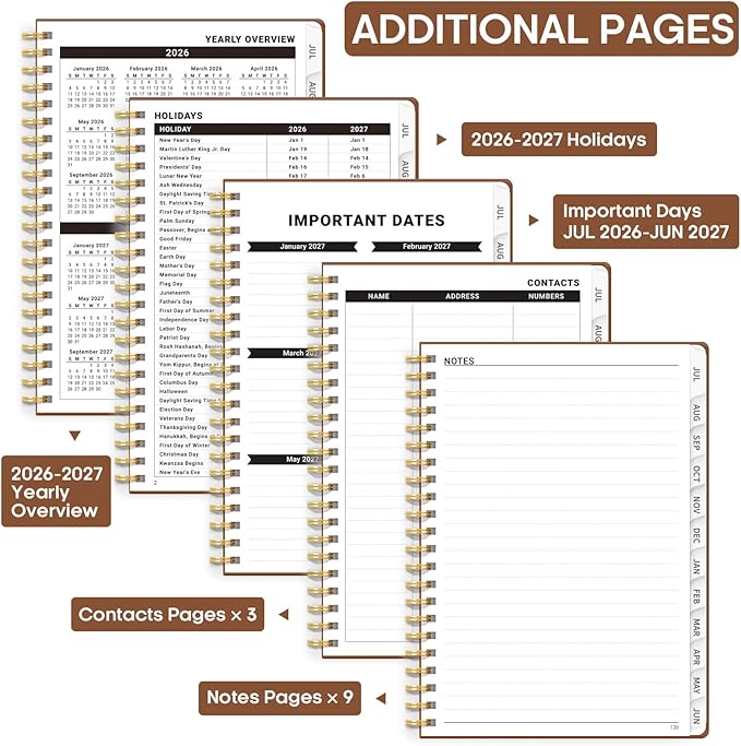 Academic Planner 2026-2027, Weekly and Monthly Calendar Planner Book, July 2026 – June 2027, Hardcover Organizer with Tabs, Perfect for Teachers, Students, Women & Men, A5 (6.4" x 8.5") - Brown