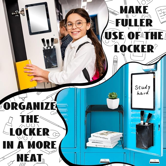 Demonwer 9 Pcs Locker Accessories Kit Black Locker Organizer Magnetic Whiteboard Mirror Pen Holder Pen for Storage Organizing Shelf Back to School Party Supply