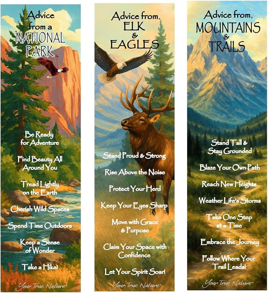 Advice 3 Bookmark National Parks Mountain Set, Laminated with Glossy Finish, Printed on Recycled Paper, Elk, Eagles, Trails (AMBM-NATPKMTN)