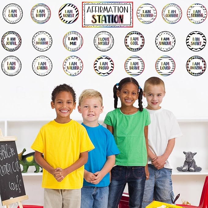 Affirmation Station Bulletin Board Set Composition Positive Bulletin Board for Classroom Growth Mindset Decor Polka Dots and Stripes Inspirational Motivational Accent Cutout for Home School Teacher