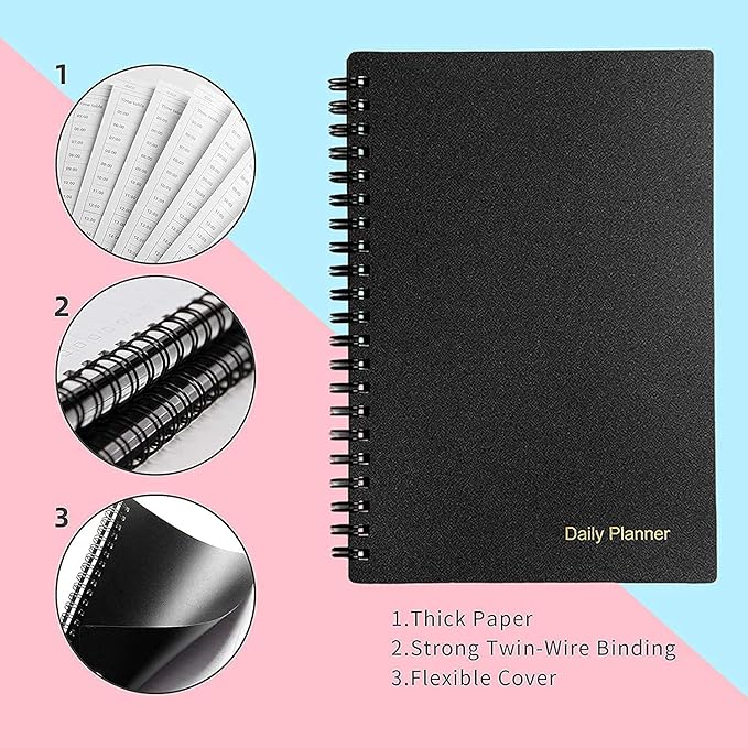 Daily Planner Undated, To Do List Notebook with Hourly Schedule, Time Management Manual and Planner, Personal Organizers, 5.2"x7.5", 75 Sheets/150 Pages, Black