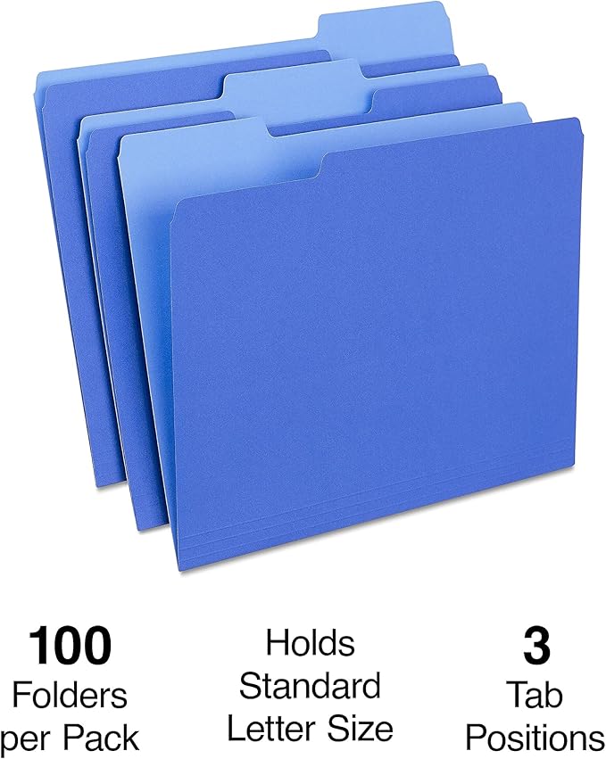 Staples File Folder, Letter Size, 1/3‑Cut Tab, Blue, Durable Paper Stock, 200/Carton