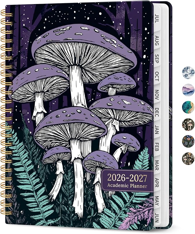 Planner 2026-2027, Academic Monthly and Weekly Calendar Planner for Women, July 2026 - June 2027, Hardcover Pretty Agenda Planner Book with Tabs, Spiral Daily Organizer for School Office Home Supplies, 8.5" x 11" - Enchanted Fungi