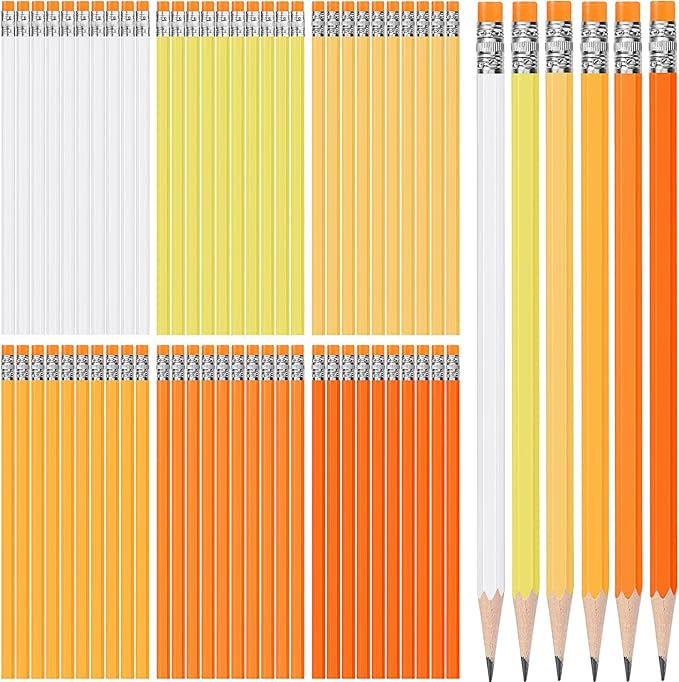 TecUnite 60 Pcs HB Pencils #2 Unsharpened Wood Cased Pencils with Eraser Hexagonal Pencil Cute Graphite No 2 Pen for Adults Gifts Exam School Office Sketching Learning(Orange, Sliver)