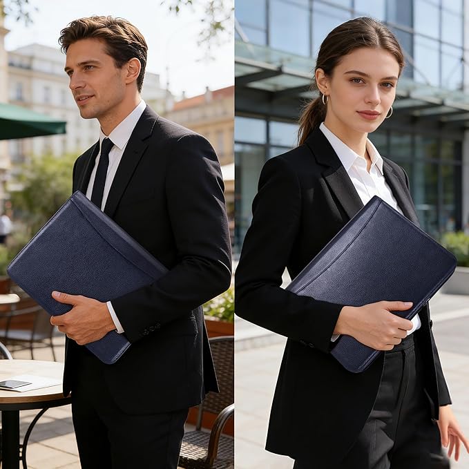Genuine Leather Zippered Padfolio with 3 Ring Binder, A4/Letter Portfolio Organizer for Work, Fits 13.9" Laptop, Business Folder with Notepad Holder, Meetings & Interviews (Black)