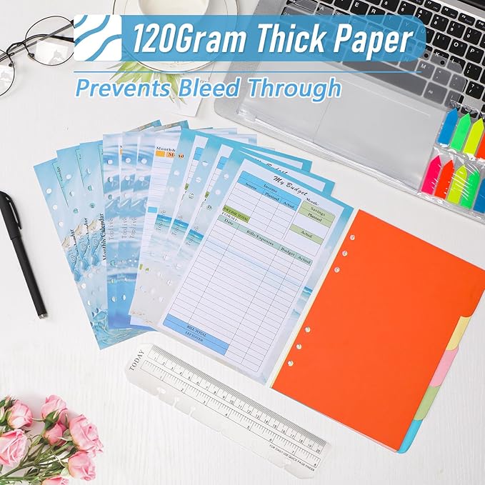 Toplive 7 Pack A5 Planner Inserts Monthly Weekly Planner Refills Paper 6 Ring Expense Budget Sheets with Cash Envelopes Divider Ruler Stickers, for A5 Planner Binder Cover, Blue Ocean Marble