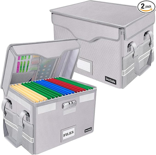 DocSafe Fireproof Document Box with Lock,File Storage Organizer with Pockets,Collapsible Portable File Box Home Office Safe Filing Cabinet with Handle for Hanging Letter/Legal Folders,Silver,2 Pack