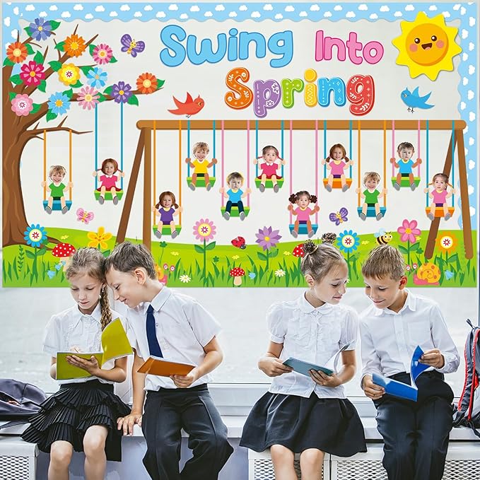 70Pcs Spring Bulletin Board Classroom Decorations Swing into Spring DIY Photo Cutouts Decoration Swing Flowers Butterflies Birds Trees Paper Cutouts for Classroom Office Chalkboard Wall Door Decor