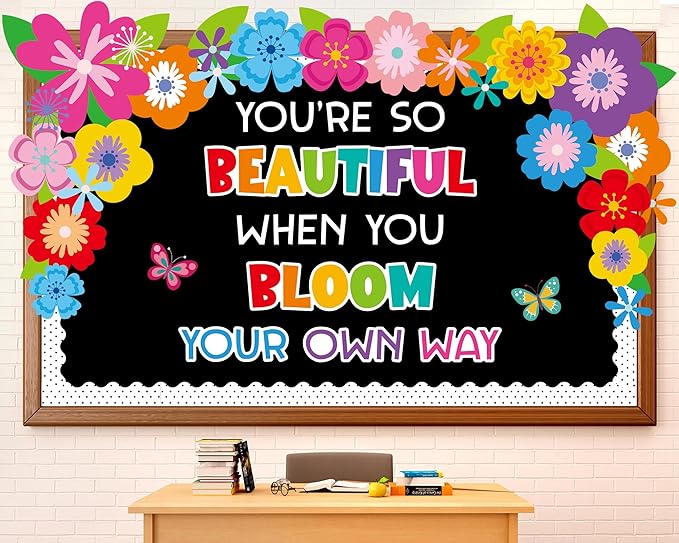 Spring Floral Bulletin Board Bloom Your Own Way Bulletin Board Decorations Inspirational Floral Butterfly Paper Cutouts for Summer School Office Home Nursery Chalkboard Wall Door Supplies
