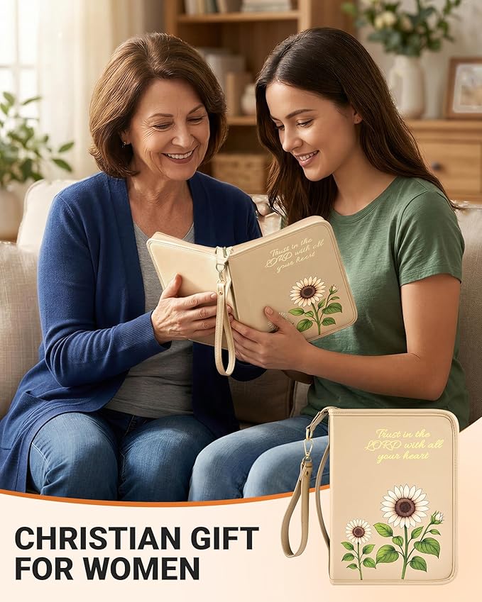 Bible Cover Case for Women, Large PU Leather Bible Bag with Multiple Pockets, Reinforced Handle and Wrist Strap, Zippered Organizer for Bible Study and Church, Gift for Her, Beige