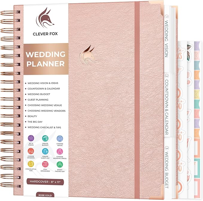 Clever Fox Wedding Planner – Notebook Organizer for Bride – Wedding Planning Binder Book with Pockets – Engagements Gift, 10x11″ (Rose Gold)