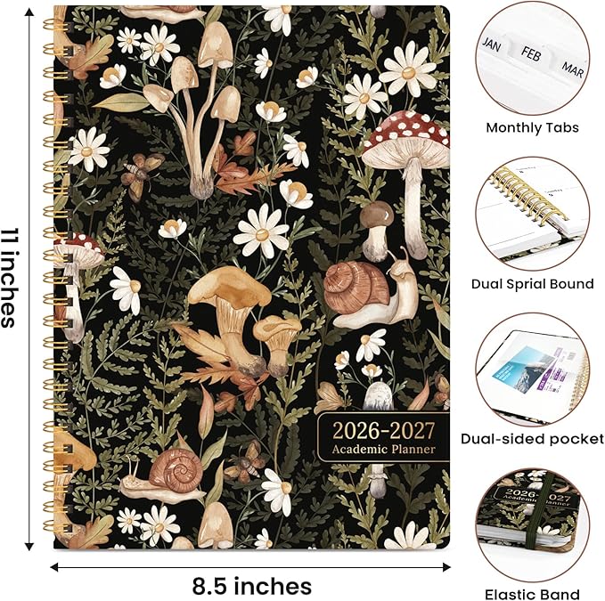 Academic Planner 2026-2027, Weekly and Monthly Calendar Book, July 2026 – June 2027, Hardcover Planner with Tabs, Perfect for Teachers, Students, Women & Men, A4 (8.5" x 11") - Mushroom