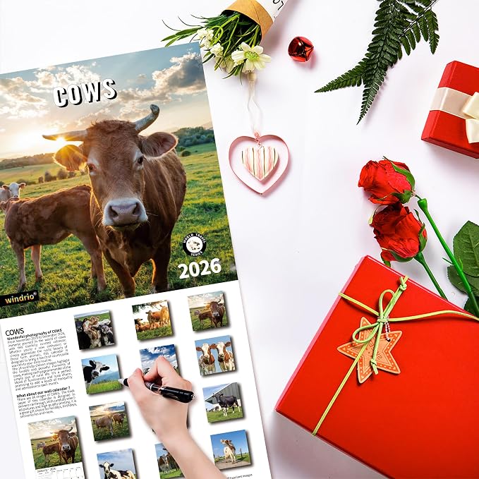 2026 Wall Calendar,Calendar 2026, November 2025 - December 2026, Wall Calendar Cows, 12" x 24" Opened,Full Page Months Thick & Sturdy Paper for Calendar Organizing & Planning