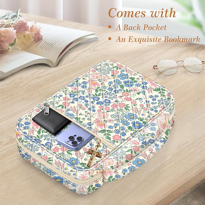 FINPAC Bible Cover, Carrying Book Case Church Bag Bible Protective with Handle and Zippered Pocket, Gift for Mother Lady Women, Floral Beige