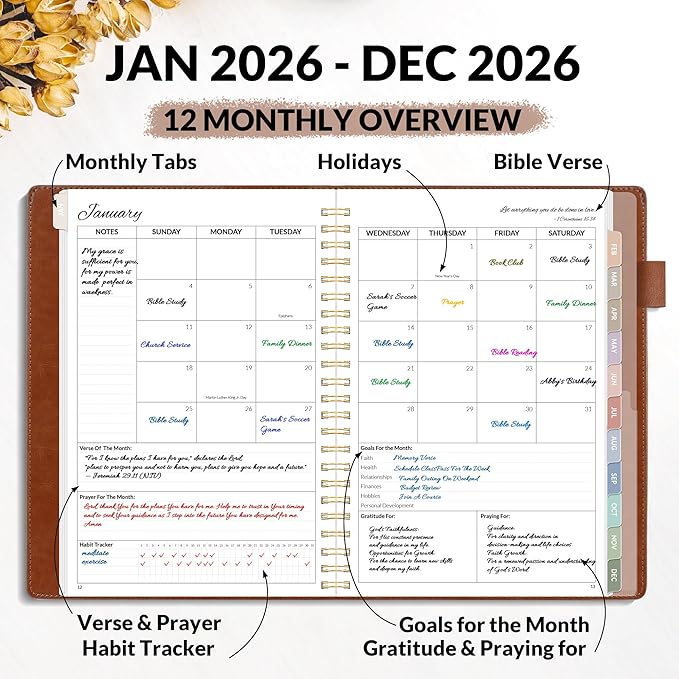 2026 Christian Planner - 12 Month Bible Journal and Prayer Planner A5 Spiral Bound, Monthly & Weekly Christian Organizer Gifts for Women Men (Brown)