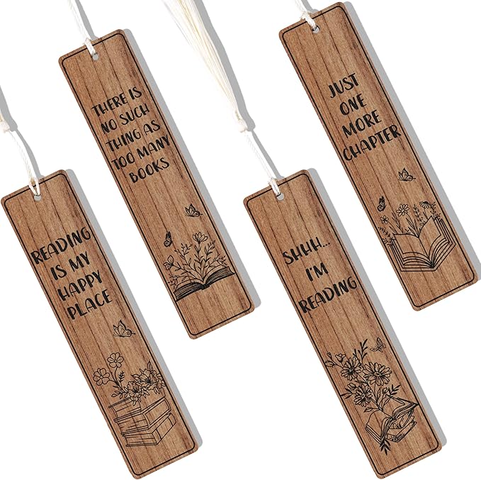 TICIAGA 4PCS Book Lover Wooden Bookmarks with Tassels, Vintage Bookish Bookmarks Reading Gifts for Women, Book Lover Gifts Birthday Present for Students Teachers Appreciation Spring Party Favors