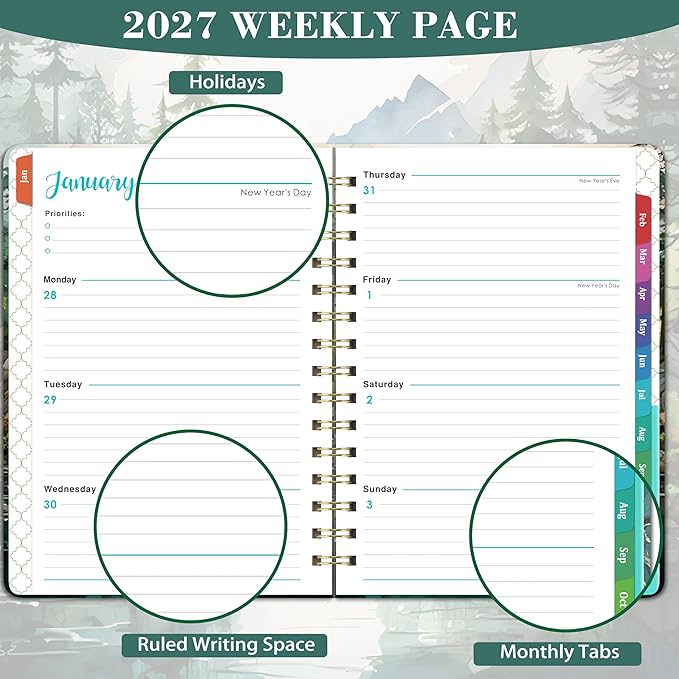 2027 Planner - Jan. 2027 to Dec. 2027, 2027 Planner Weekly and Monthly with 12 Colorful Monthly Tabs, Elastic Closure, Inner Pocket, 6.3" x 8.4" - Forest Landscape