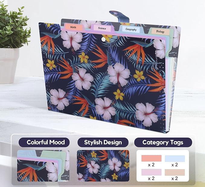 Flower Series Expanding File Folder, Vintage Floral Elegant Funky Cute Retro Document Organizer for Document Arrangement - Black/White Floral