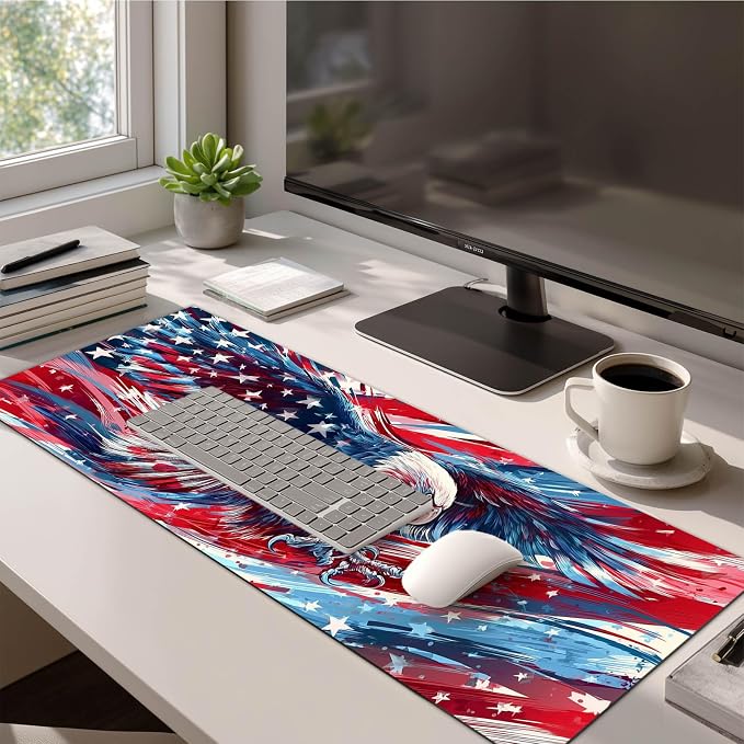 HOMETITUTE Large Mouse Pad 31.5 x 11.8 Inch Bald Eagle American Flag Desk Mat Extended Gaming Mousepad Non Slip Waterproof Desk Pad Keyboard Mat Office Computer Accessories
