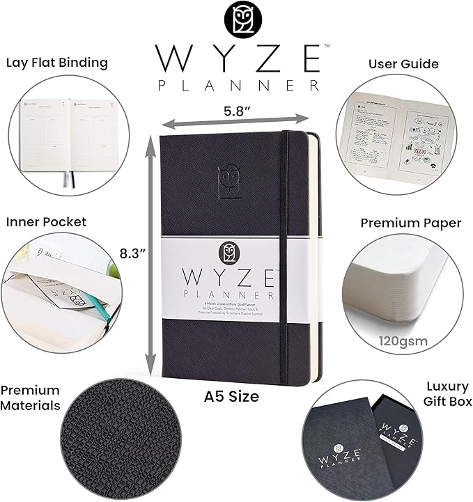 Wyze Planner Undated Daily Planner – 6-Month A5 Productivity Organizer with Full Page Per Day, Hourly Schedule, Goal Setting, Habit Tracker, Weekly & Monthly Pages – Hardcover Time Management Notebook (Black)