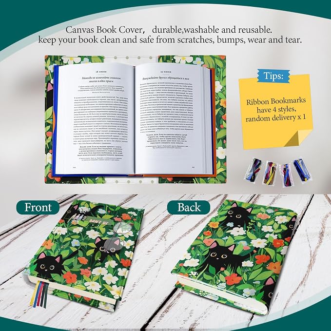 Cute Cat Floral Book Cover Protector, Adjustable Soft Canvas Fabric Book Cover with Pocket Bookmark, Double Side Print Book Dust Jacket Covers for Hardcover Bible Book Lovers Gift