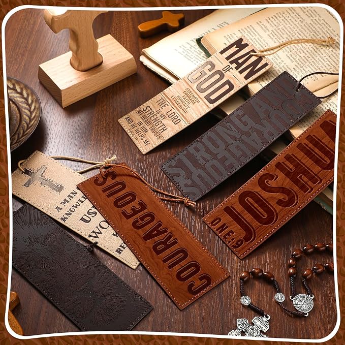 Skyygemm 6 Pieces Father's Day Church Gift Bulk Leather Bible Christian Religious Bookmarks Scripture Bookmarks Joshua 1: 9 Bible Cover Faux Leather with Inspirational Verse Dad Church Gifts for Men