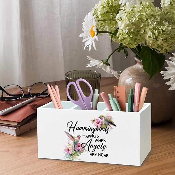 DILSJ Memorial Gifts Pen Pencil Holder Organizer for Desk, Sympathy Bereavement Gifts for Women, Hummingbird Floral Wooden Box Signs for Home Bedroom Office Desk Tabletop Decoration Supplies