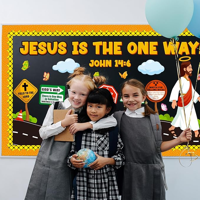 Road Trip VBS Bulletin Board Decoration Set, Christian Construction Sunday School Decorations for Classroom Religious Jesus Road Signs Cutouts Library Church Wall Window Door Decor for Teacher