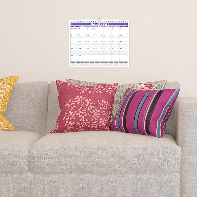 Wall Calendar 2026-2027 - Calendar 2026-2027, Jul. 2026 - Dec. 2027, 11" x 8.5", 18 Monthly Calendar 26-27, Hanging Hook + Ruled Blocks - Purple