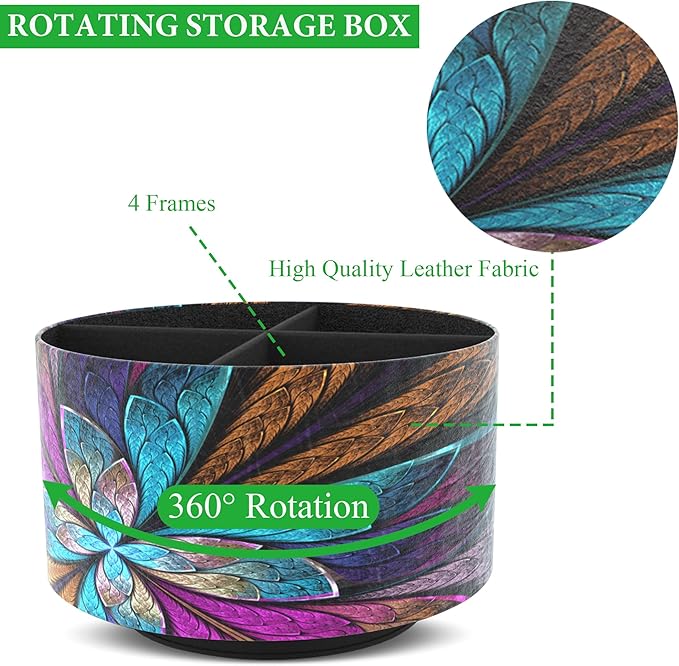Round Leather Art Supply Organizer,Remote Control Holder,360 Degree Rotating,Multi-Functional Pencil Holder,4 Compartments Desktop Stationary Organizer(1-Fractal Flower) | Round