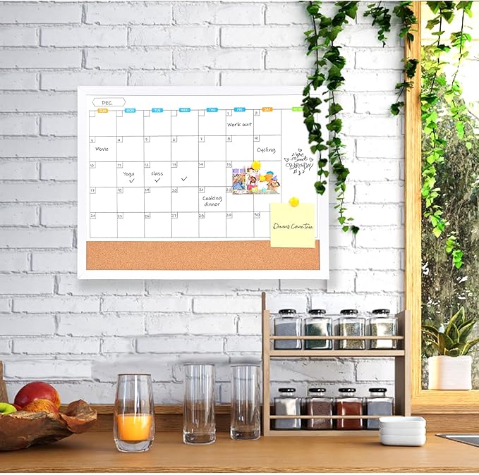 Monthly Whiteboard Calendar with Cork Board for Wall, 17"x13",Magnetic Dry Erase Board with White Wood Framed,2-1 Wall Planner Whiteboard,Bulletin Board with Pins for Home,School,Office