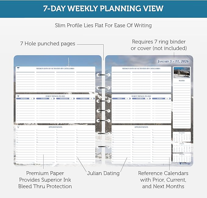 Planner Pad 7 Hole Loose Leaf January-December 2026/ Calendar Year 6 3/4" x 8 1/2" Medium 3-Tier Funnel Down 12 Month Organizer, Seasonal Color Ink