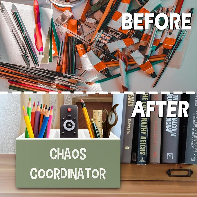 Chaos Coordinator Green Pen Pencil Holder Organizer for Desk, Thank You Gifts for Women Men Coworkers Boss Leader Manager, Appreciation Gifts Wooden Box Sign for Office Tabletop Decorations