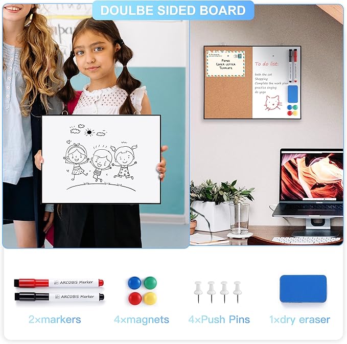 ARCOBIS Cork Board White Board Combo, 12"X16" Small Bulletin Board for Wall, Double-Sided Magnetic Dry Erase Corkboard, Vision Whiteboard for Office,Home,School, Black