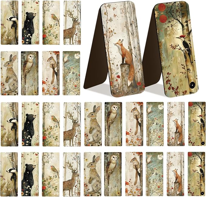 30 Pcs Woodland Animals Magnetic Bookmarks, Vintage Watercolor Animals Bookmark Bulk for Women Man, Forest Trees Book Mark Gift for Reading Lovers Library Accessories