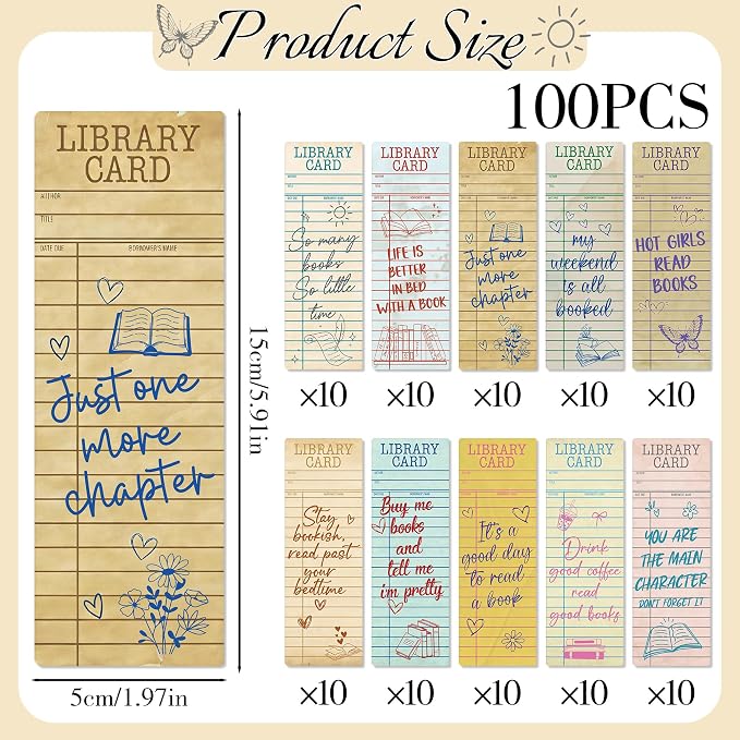 Vintage Bookmark Bulk Gifts - 100 Pcs Brown Library Card Paper Bookmarks for Women Girls Students Book Lovers Retro Quote Page Clips School Reading Accessories Bookish Birthday Graduation Gift