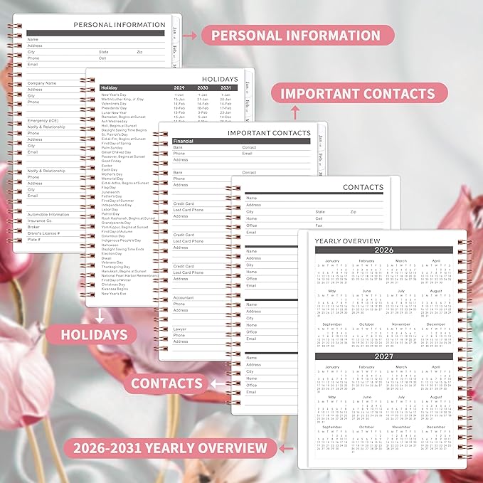 2026-2031 Monthly Planner - 5 Year Planner/Calendar, 5 Year Planner 2026-2031, Spiral Bound, Jul. 2026 - Jun. 2031, 6.4" x 8.5" Planners with Tabs, 60 Month Calendar, Two-Side Pocket - Pink Flower