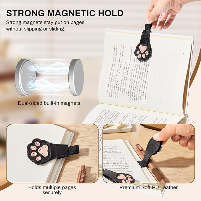2Pcs Magnetic Bookmarks with Gift Box Magnetic Pen Holder for Notebook Cat Book Marks Clip Gift for Book Lover Readers Cute PU Leather Bookmark for Women, Paw (Black+Black)