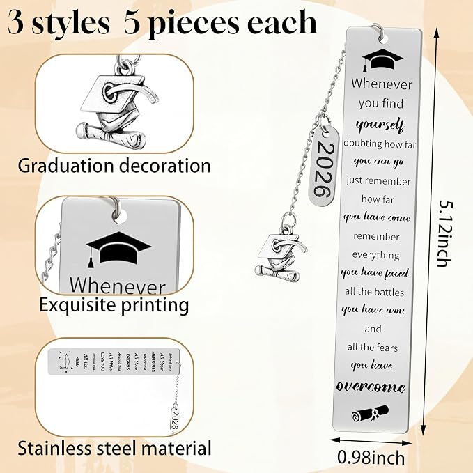 Skyygemm 15 Pcs 2026 Graduation Bookmarks Senior Graduation Gifts Bulk Class of 2026 Congrats Grad Gifts Bulk for Him Her Classroom Students Grad Party Favors