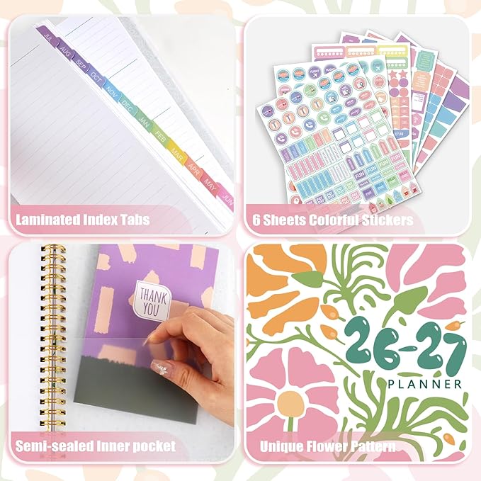 GuassLee 2026-2027 A5 Planner – Weekly & Monthly Planner Organizer Jul 2026 - Jun 2027, Abstract Floral Daily Agenda Planning Book with Hardcover, Pocket, Stickers & Tabs for Women Students Office