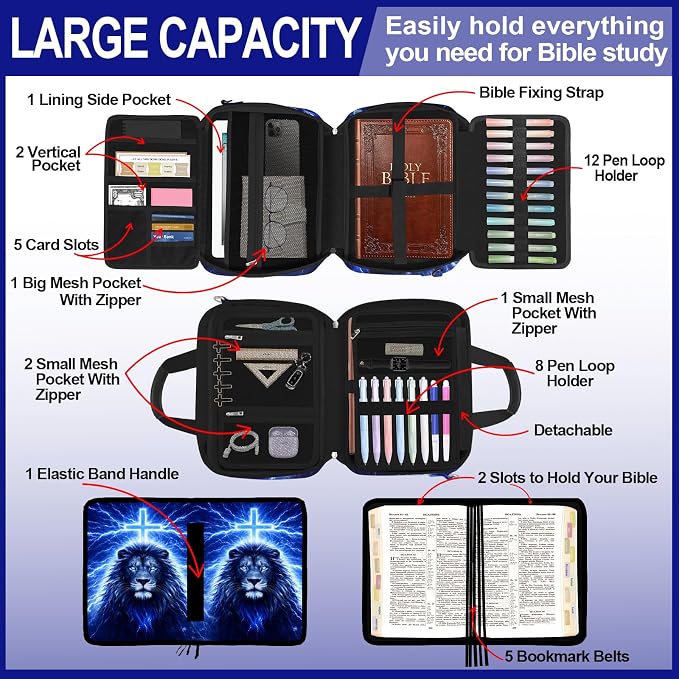 Lion Cross Large Bible Cover Case for Boys with Handle Zipper Pocket, Book Carrying Case with Pens Highlighters Cross Clips, Bible Study Supplies Journaling Kit, Christian Gifts for Men